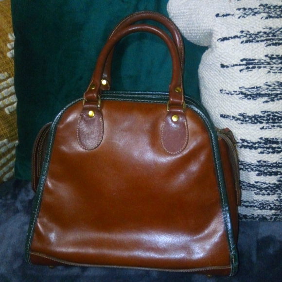 Brahmin Handbags - Brahmin Mini Bowler Leather Top Handle Satchel in Cognac Brown with Green Trim